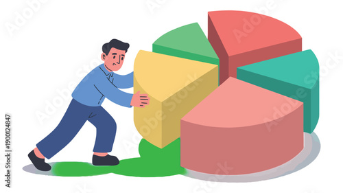 A cartoon man pushing a large yellow pie chart segment into place among other colorful chart pieces.