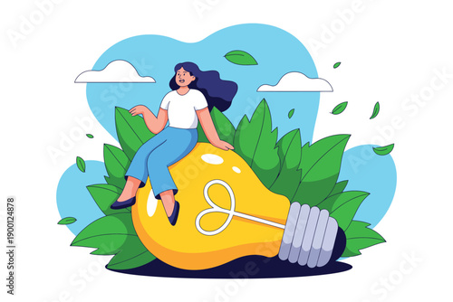 A woman sitting on a large yellow lightbulb surrounded by green leaves and a blue sky with clouds