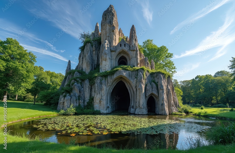 Fototapeta premium Artificial rock formation with Gothic arches and caves in a park landscape. A serene pond covered in lily pads reflects the clear blue sky and lush green trees surrounding it.