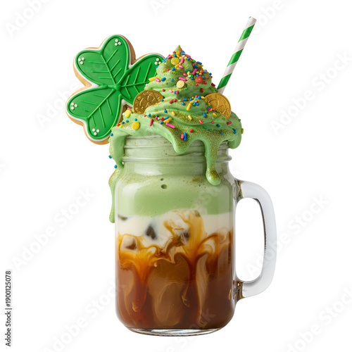 Festive st. patrick's day layered beverage in a glass, garnished with a shamrock cookie and chocolate gold coins