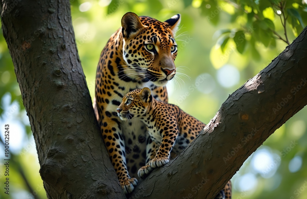 Obraz premium Mother jaguar and cub sit together on tree branch. Adult cat looks forward, baby animal watches intently. Spotted big cats rest in green foliage. Wildlife protection concept.