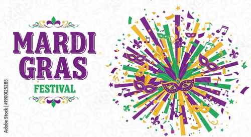 Mardi gras festival colorful celebration graphic with purple green and yellow confetti