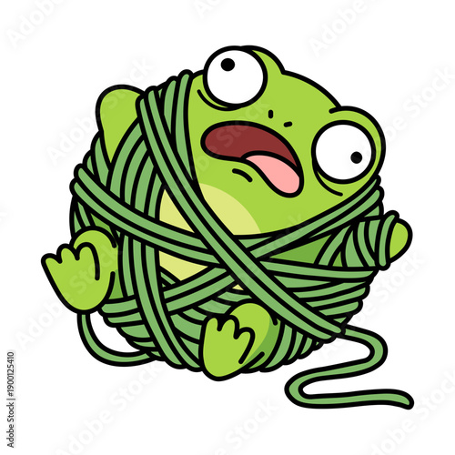 Cute green frog tangled in a ball of knitting yarn, flat vector illustration of surprised cartoon character for hobby and children design isolated on white, funny knitting concept.