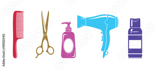 Icons in various colors for barbershops and hairdressers. Hair care and hairdressing tools icon set. Contains barber combs, scissors, dryers, shampoo, and shaving cream. Isolated vector illustration.