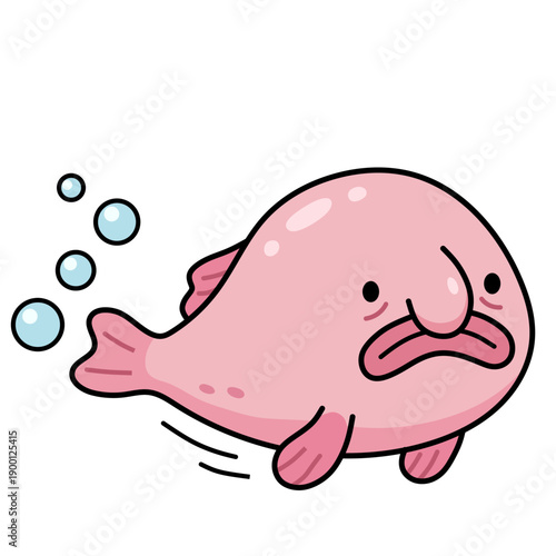 Pink cartoon blobfish swimming underwater with bubbles, vector illustration of sad deep sea fish in flat style on white background, cute character for stickers and children design.