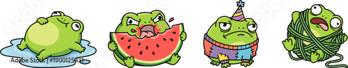 Set of cute green frog cartoon characters with different emotions: eating watermelon, relaxing in water, wearing party hat and tangled in yarn, flat vector stickers for design.