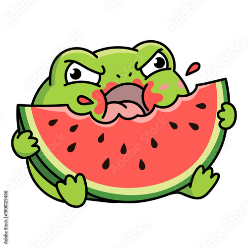 Funny green frog greedily eating juicy watermelon slice with splashes, vector cartoon character illustration in flat style on white background, comic sticker for summer and food design.