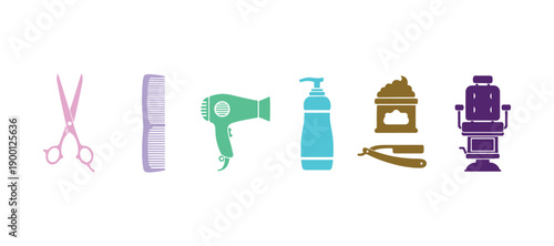 Vibrant icons for barbershops and hairdressers. A collection of hair care and hairdressing tools icons. Includes barber combs, scissors, dryers, shampoo, and shaving cream. Isolated vector