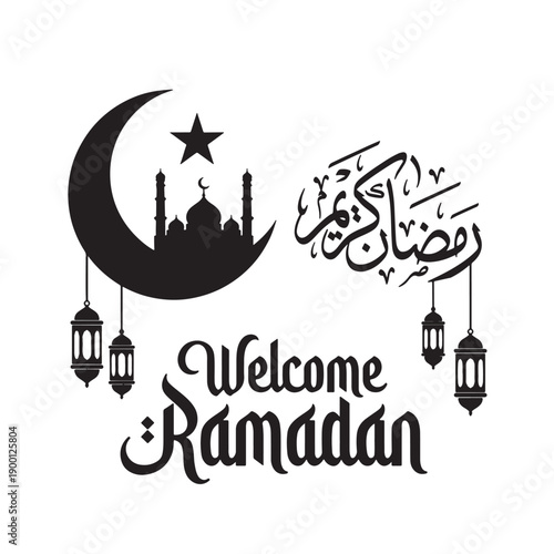 Black vector illustration of crescent moon, star, mosque silhouette, lanterns, and Arabic calligraphy for Ramadan greeting or social media post isolated on White Background