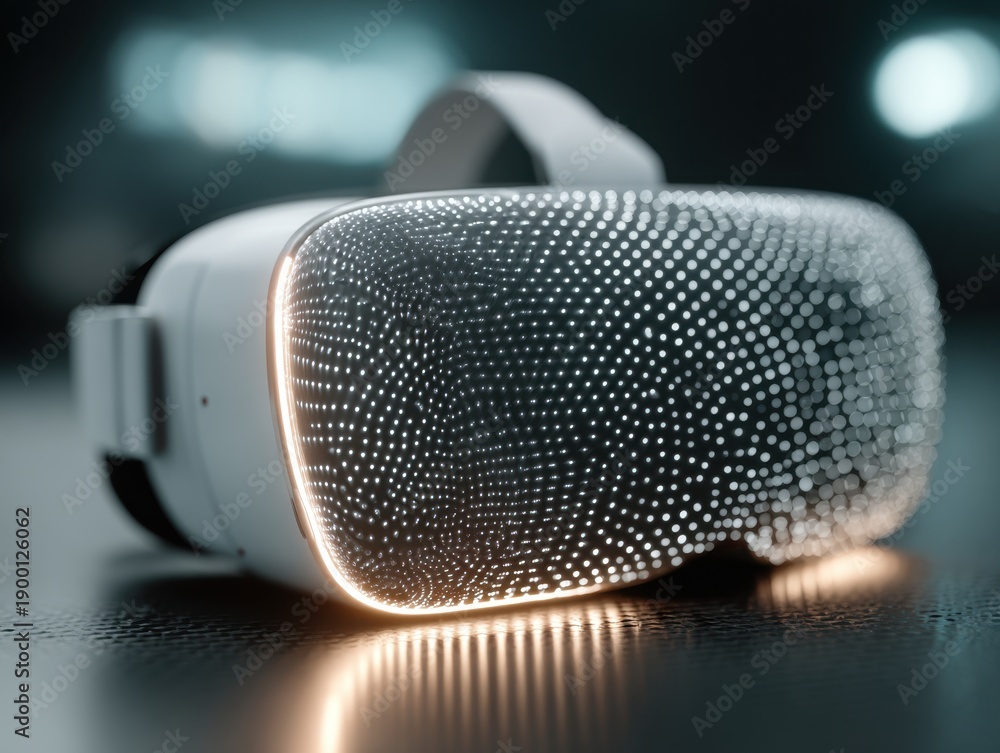 Obraz premium A futuristic VR headset with a glowing white dot pattern rests on a metallic surface with a blurred background of blue and white lights.