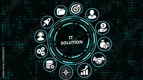 IT Solution Concept with Digital Infographic Icons for Business Technology and Network Management on Matrix Style Background.