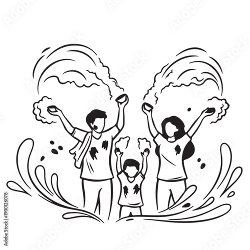 Vector illustration of family celebrating with water splash, for banner or poster isolated on White Background
