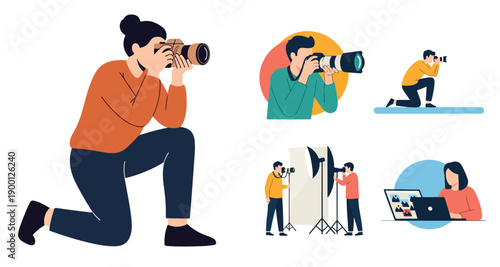 A set of simple flat illustrations of a photographer, modern minimalist style, no outlines, bright colors, and a plain white backdrop