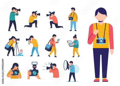 A set of simple flat illustrations of a photographer, modern minimalist style, no outlines, bright colors, and a plain white backdrop