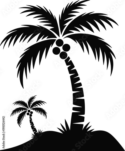 A striking black and white silhouette illustration depicting a mature palm tree with coconuts alongside a smaller palm tree on a sandy mound