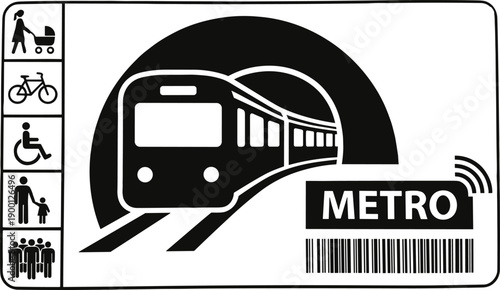 Black and White Vector Illustration of a Metro Transit Ticket Featuring a Subway Train emerging from a Tunnel with Universal Public Accessibility Icons