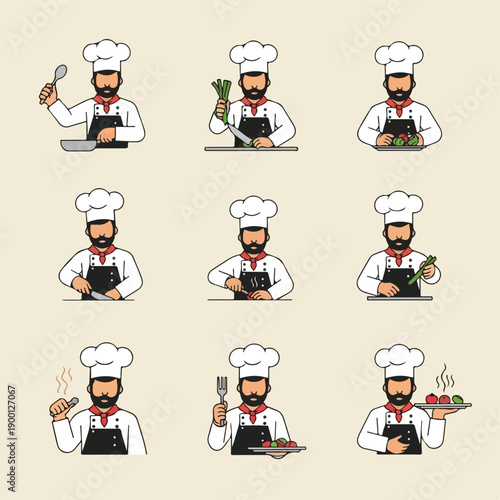 A set of flat design illustration of a chef, simple and minimal style, no outline, modern bright colors