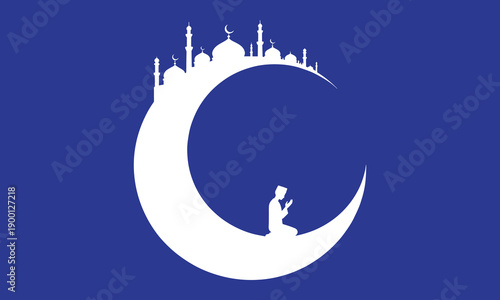 Man Praying on Crescent Moon with Mosque Silhouette against Blue Sky