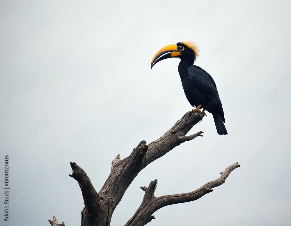 Obraz premium Black hornbill with yellow crest and beak perches on dead tree branch against light sky. Exotic wild bird displays large colorful bill. Wildlife fauna.
