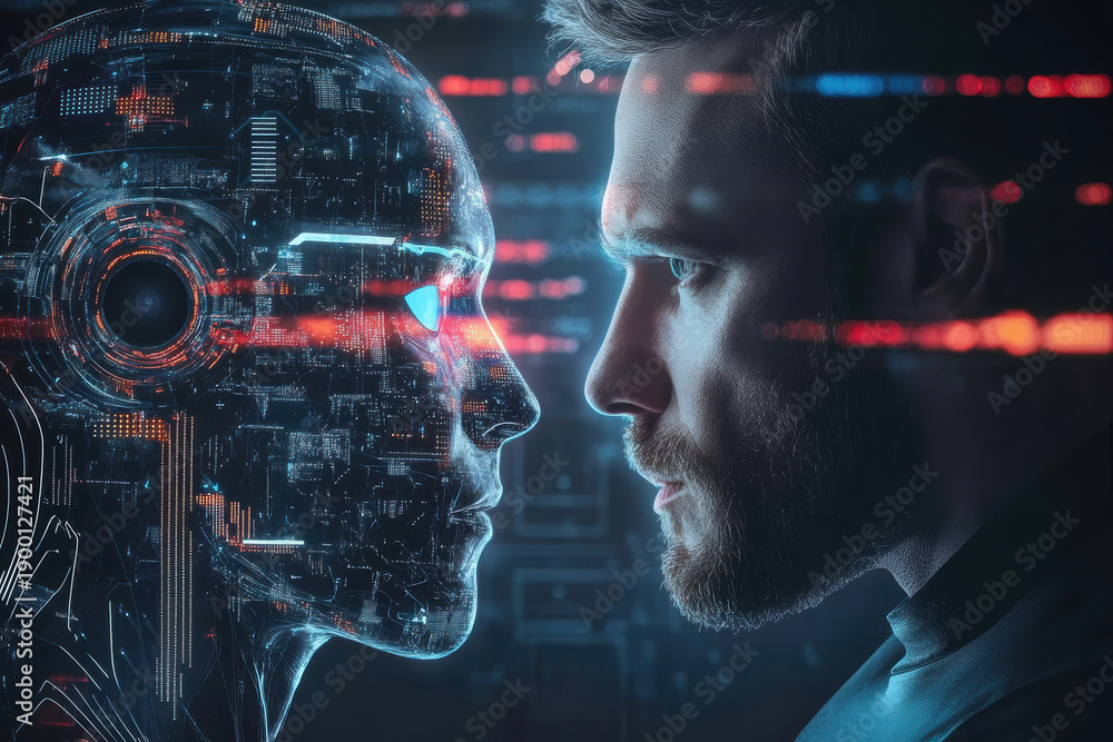 Fototapeta premium Human and robot face off in a futuristic setting with digital elements