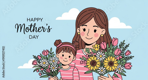Mother and child holding flowers on mother's day with a happy smile