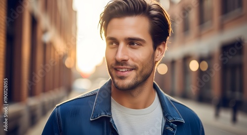Portrait of a smiling young man in a blue jacket standing on a city street with warm lighting.