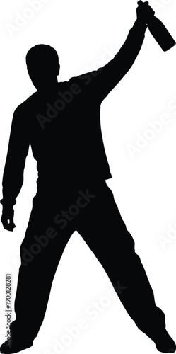 Black Silhouette of a Man Holding a Bottle High in the Air for Celebration Victory Party and Nightlife Concept Isolated on White Background