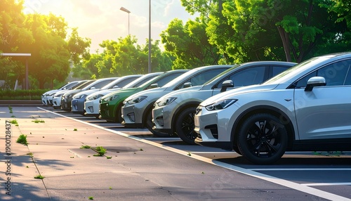 An electric vehicle fleet parking area with aligned cars. Clean mobility transition shown through order and scale.
