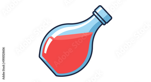 A cartoon illustration of a glass bottle containing red liquid.