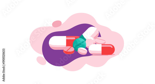 Colorful Pills and Capsules on Purple Background.