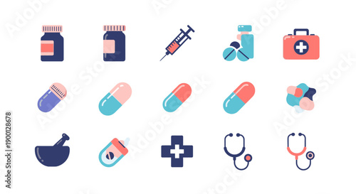 Medical icons set including pills, syringes, and medical bags.