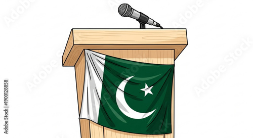 Pakistani flag draped on a wooden podium with microphone for public speaking events