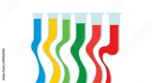 Five test tubes with colored liquids in a row.