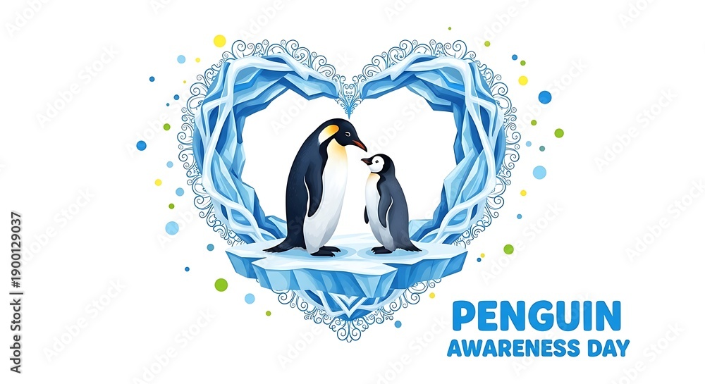 Fototapeta premium Penguin awareness day celebration with lovely penguin couple in heart shape