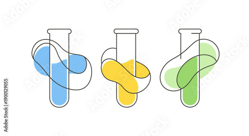 Three test tubes with colored liquids and intertwined shapes.