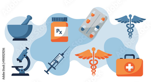 Medical icons representing healthcare and medicine.