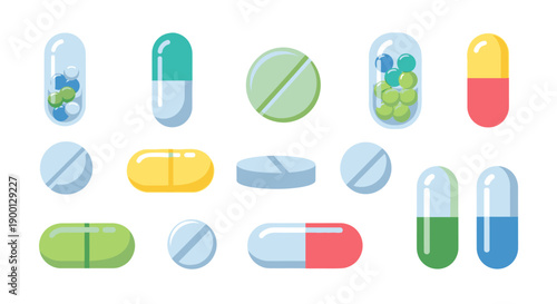 Assorted colorful pills and capsules on a white background.