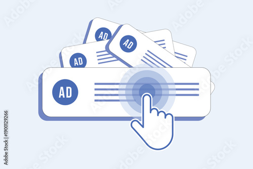 Ad marketing interface concept, a cursor hand clicking on promotional ad windows. Web monetization and online traffic growth strategy illustration.