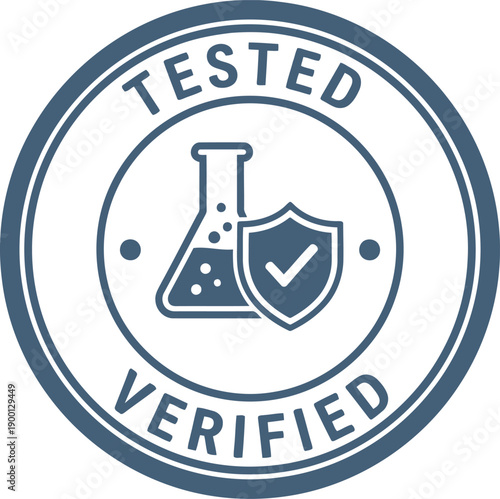 Tested and Verified Quality Assurance Badge with Laboratory Flask and Shield Icon