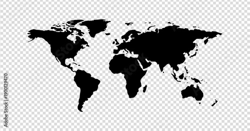World map silhouette. Black world map template with continents, north and south america, europe, asia, africa and australia