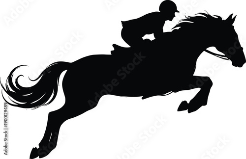 Black silhouette of a professional equestrian rider and horse jumping in mid-air isolated on white background for sports competition and equestrian club branding