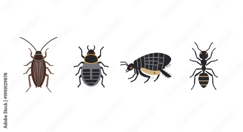 Fototapeta premium Set of common household pests and insects drawn in a flat graphic style. Pest control concept. Vermin infestation problems.