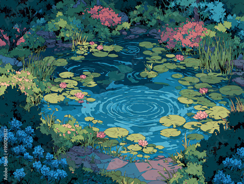 pond surrounded by lush greenery and flowers, with large lily pads floating on the water's surface, and rain falling, creating ripples in the still water.