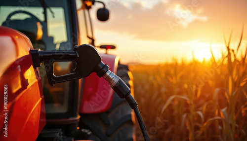 Red tractor refuels with diesel nozzle in cornfield at sunset. Agricultural machinery gets fuel before harvest. Farm equipment operates at golden hour. Rural farming operations continue.