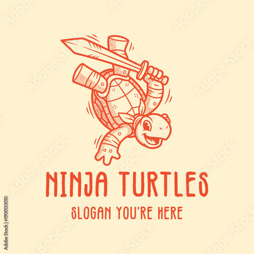 Illustration of a cartoon turtle holding swords in a dynamic pose, demonstrating ninja skills and action