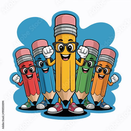 A group of lively, anthropomorphic pencils is depicted, each in different colors and sporting various playful expressions.