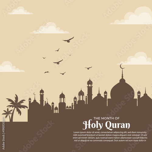 Islamic City Skyline Background with Mosque Silhouettes, Palm Trees, and Birds for Holy Quran Month Celebration