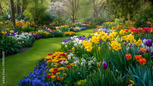 Keukenhof flower garden with blooming tulip flowerbeds. One of the world's largest flower gardens. Lisse, the Netherlands.
