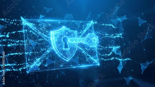 Digital communication security: an abstract graphic of an encrypted envelope with shield and key in a global cyber network.