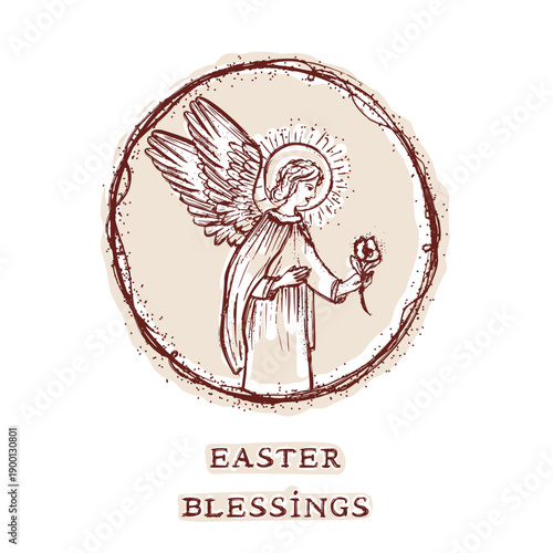 Easter blessings angel christian religious card illustration. Hand drawn angelic circle with flower and wings for holy week season greeting. Isolated editable vector in black and white picture